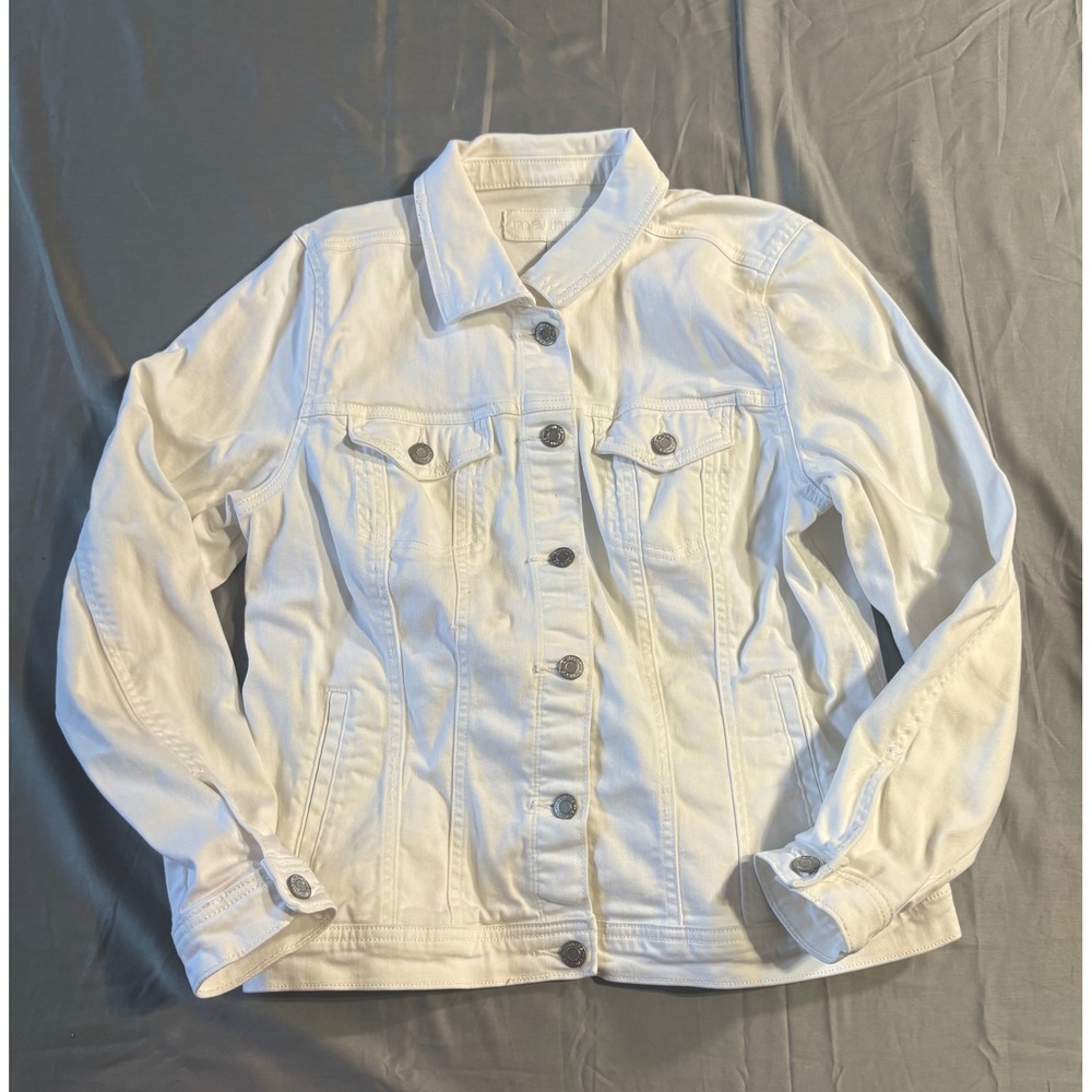 Maurices Womens White Denim Trucker Jacket Size Large Solid Cotton Blend Classic